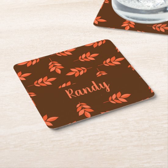 Red leaves custom name brown square paper coaster
