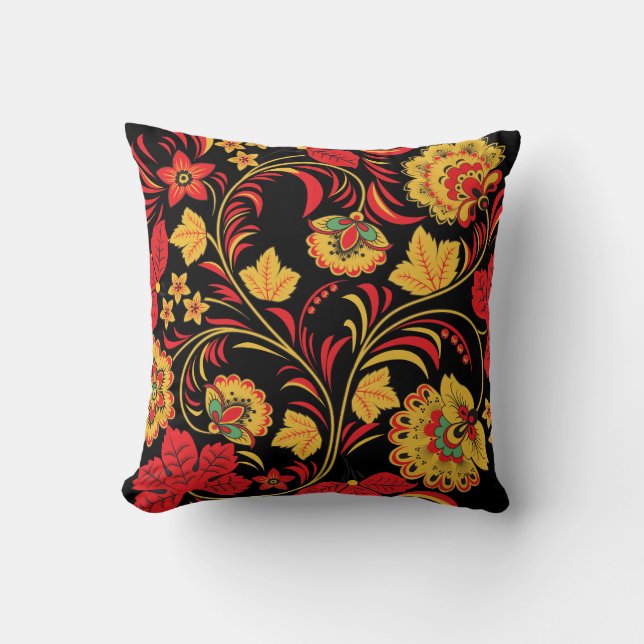 Red Leaves Khokhloma Throw Pillow (Front)