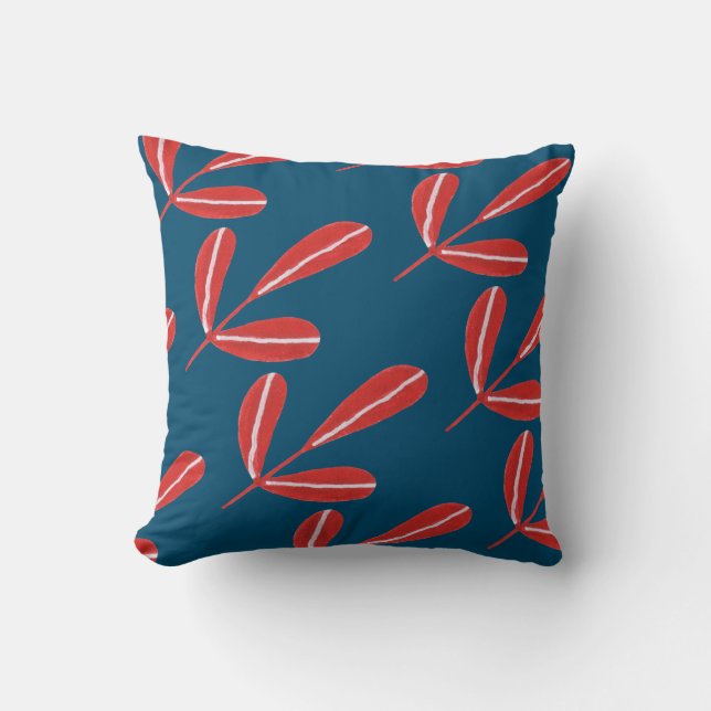 Red Leaves on Blue Throw Pillow (Front)