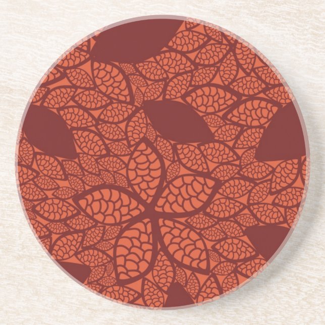 Red leaves pattern on orange drink coaster (Front)