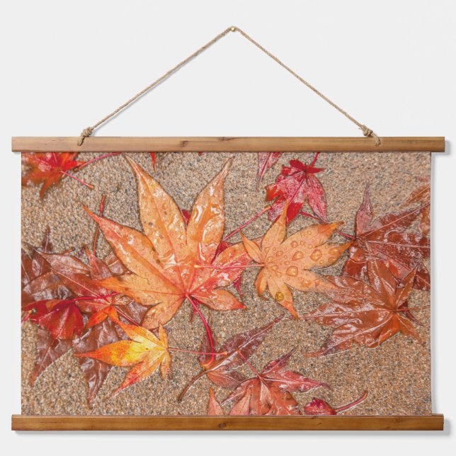 Red Leaves with Raindrops Hanging Tapestry (Front)