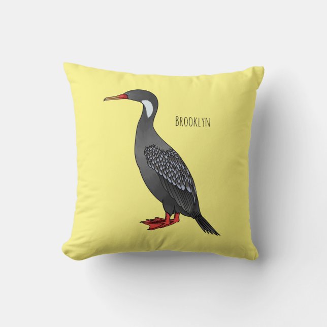 Red-legged cormorant bird cartoon illustration  throw pillow (Front)