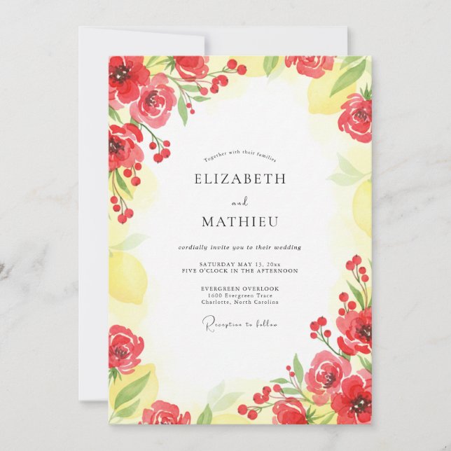 Red Lemon Poppy Wedding Invitation (Front)