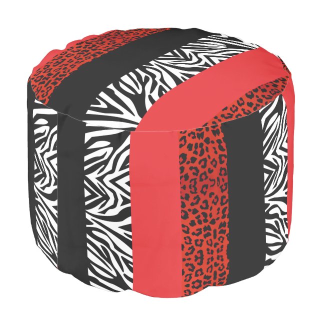 Red Leopard and Zebra Custom Animal Print Pouf (Angled Back)
