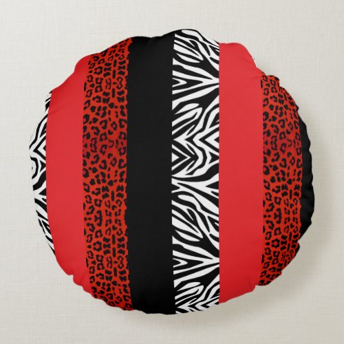 Red Leopard and Zebra Custom Animal Print Round Pillow