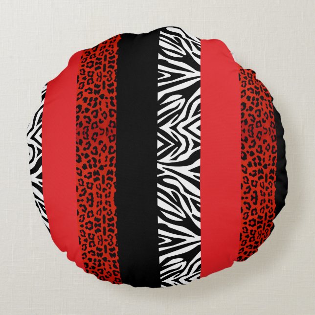 Red Leopard and Zebra Custom Animal Print Round Pillow (Back)