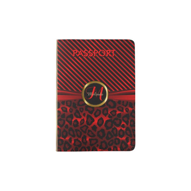 Red Leopard Animal Print - Monogram Passport Holder (Front)