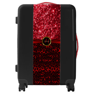 Red Leopard Animal Skin and Glitter - Monogram Luggage