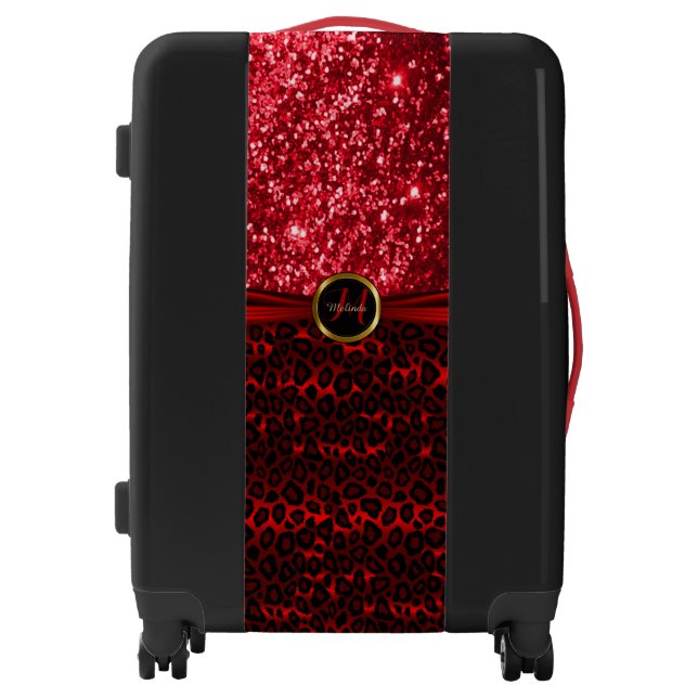 Red Leopard Animal Skin and Glitter - Monogram Luggage (Front)