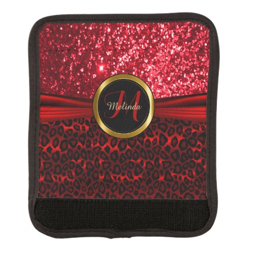 Red Leopard Animal Skin and Glitter _ Monogram Luggage Handle Wrap