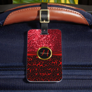 Red Leopard Animal Skin and Glitter - Monogram Luggage Tag
