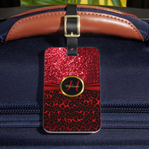 Red Leopard Animal Skin and Glitter _ Monogram Luggage Tag