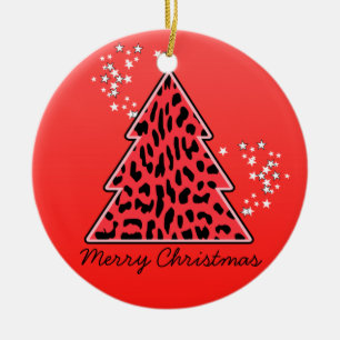 Red Leopard Cheetah Christmas Tree Ceramic Ornament