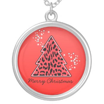 Red Leopard Cheetah Christmas Tree Silver Plated Necklace by Silvianna at Zazzle