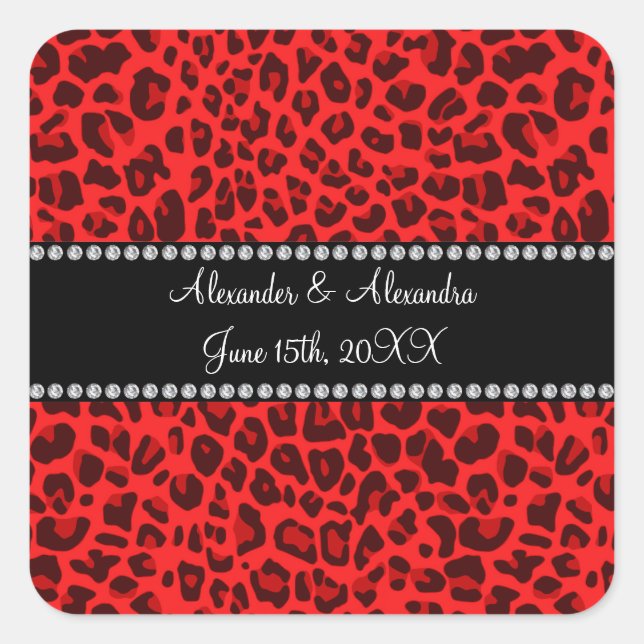 Red leopard pattern wedding favors square sticker (Front)