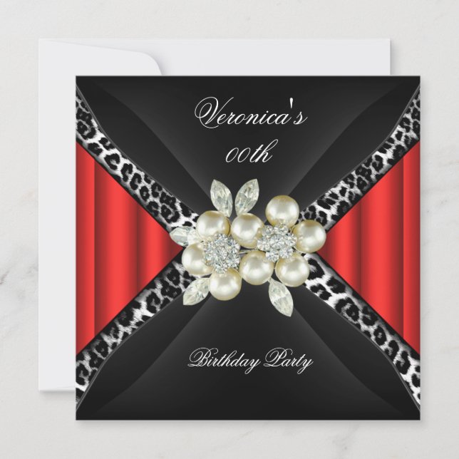 Red Leopard Pearl Diamond Birthday Party Invitation (Front)
