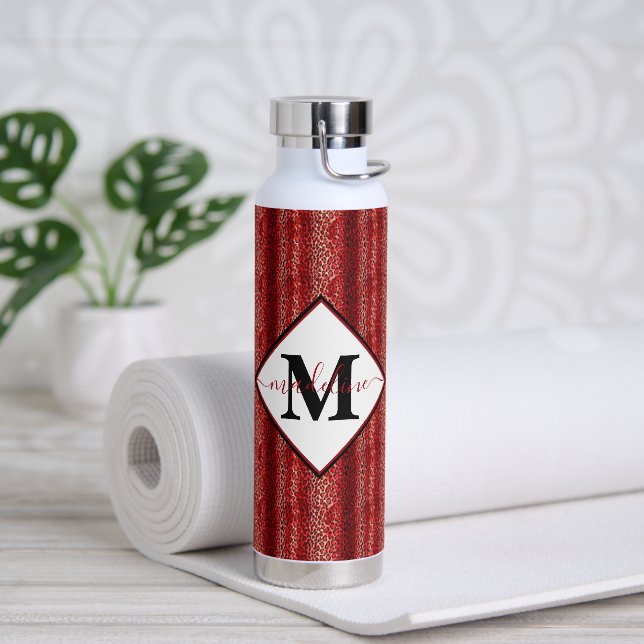 Red leopard print personalized water bottle (Yoga)