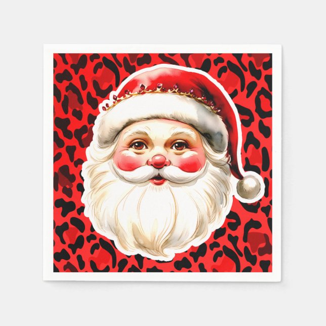 Red Leopard Print Retro Santa Claus Christmas Napkins (Front)