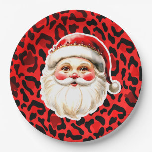 Red Leopard Print Retro Santa Claus Christmas Paper Plates