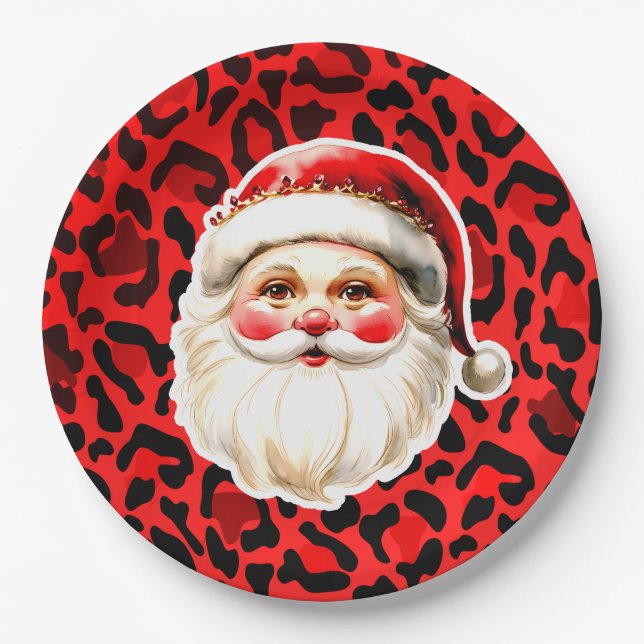 Red Leopard Print Retro Santa Claus Christmas Paper Plates (Front)