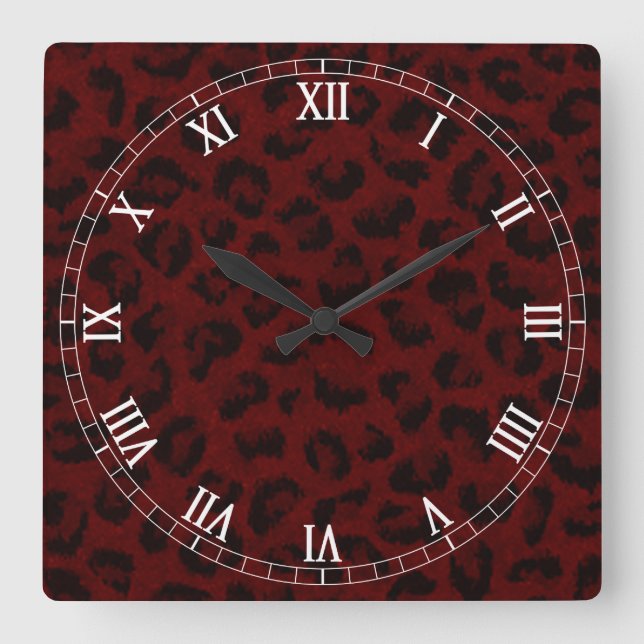 Red Leopard Skin Square Roman Numerals Clock (Front)