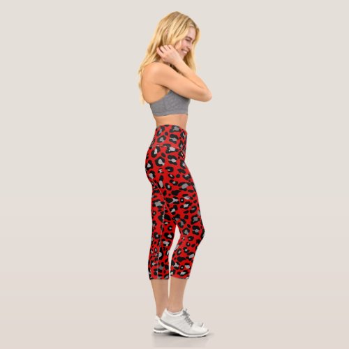 Red leopard spots black and silver fur like capri leggings