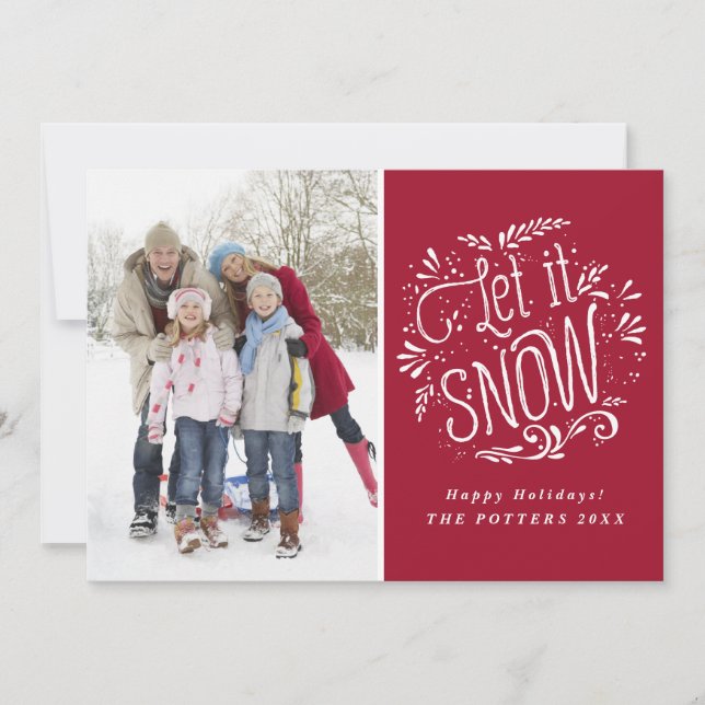 Red Let It Snow Rustic Calligraphy Holiday Photo Card (Front)