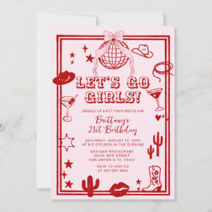 Red Let's Go Girls Birthday Party Invitation
