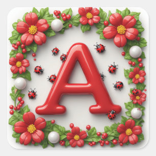 🐞 Red Letter A with Ladybugs Poppies Square Sticker