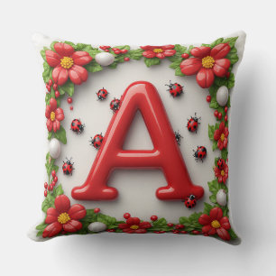 🐞 Red Letter A with Ladybugs Poppies Throw Pillow