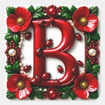 🐞 Red Letter B Ladybugs Poppies Pearls 