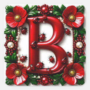 🐞 Red Letter B Ladybugs Poppies Pearls Square Sticker