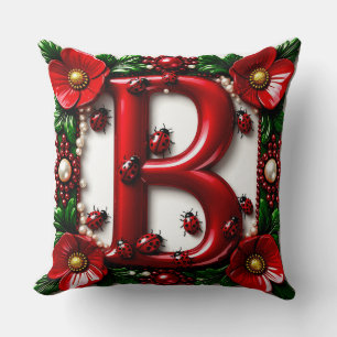 🐞 Red Letter B Ladybugs Poppies Pearls Throw Pillow