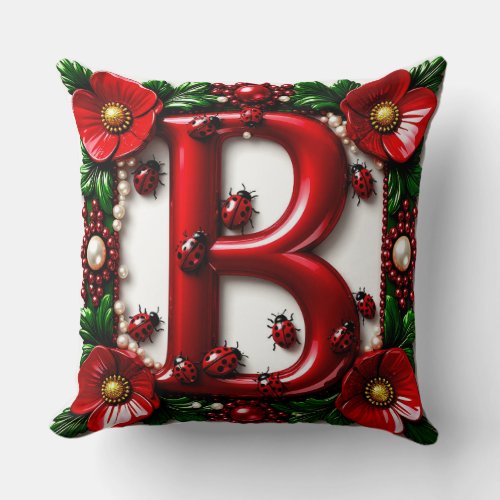  Red Letter B Ladybugs Poppies Pearls  Throw Pillow