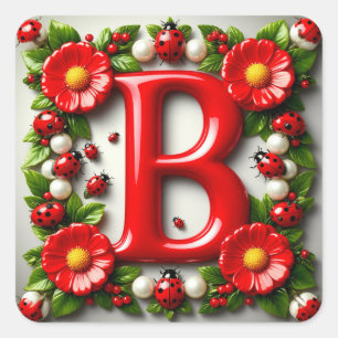 🐞 Red Letter B Name Plate Ladybugs Poppies Square Sticker