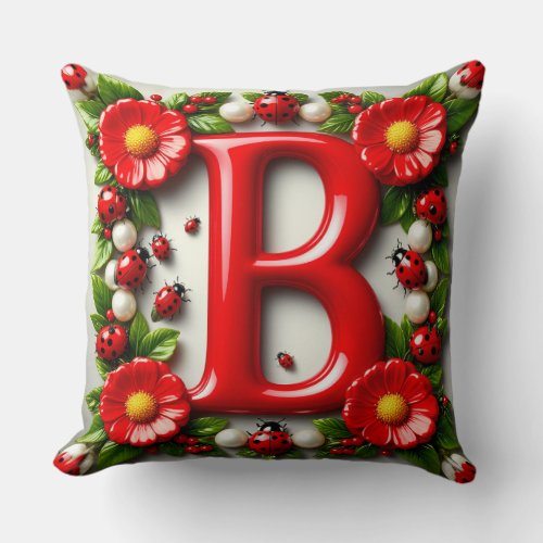  Red Letter B Name Plate Ladybugs Poppies Throw Pillow