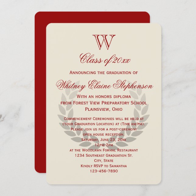 Red Letter Monogram Classic College Graduation Invitation (Front/Back)