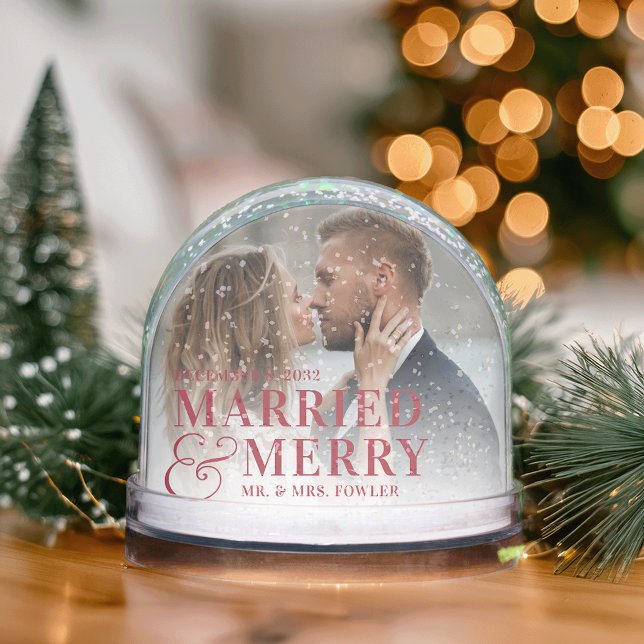 Red Lettering Married & Merry Wedding Photo Snow Globe (Creator Uploaded)
