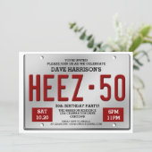 Red License Plate 50th Birthday Invitations (Standing Front)