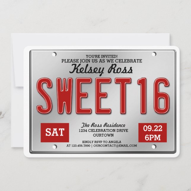 Red License Plate Sweet 16 Party Invitations (Front)