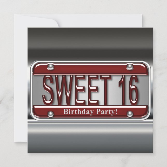 Red License Plate Sweet Sixteen Party Invitation (Front)