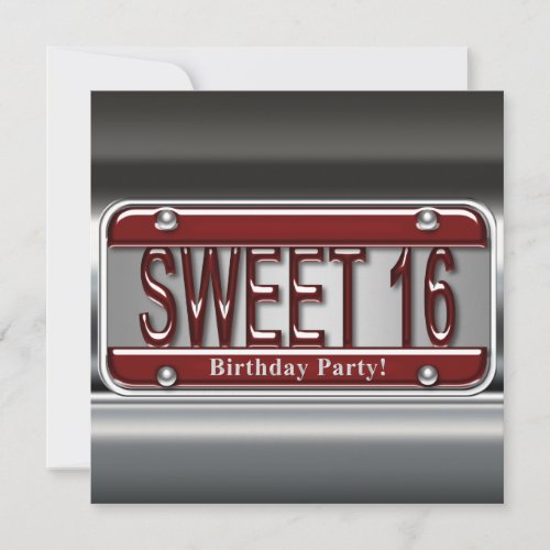 Red License Plate Sweet Sixteen Party Invitations