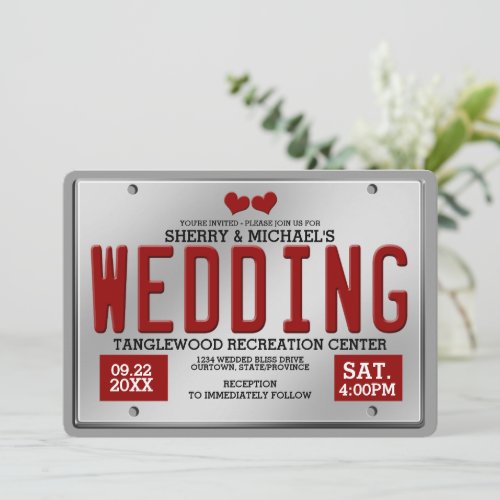 Red License Plate Wedding Invitation