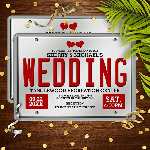 Red License Plate Wedding Invitation