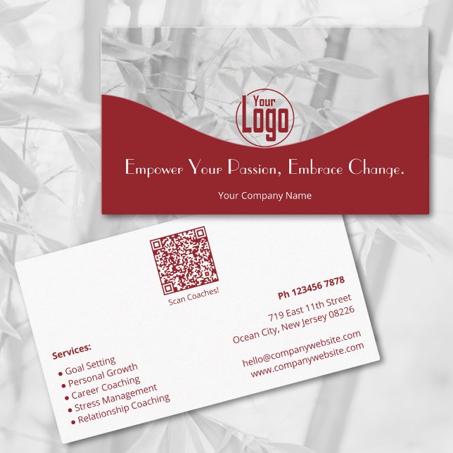 Red Life Coach Services Company Business Card (Red Life Coach Services Company Business Card, Landscape Format, Logo, QR code, Service List)