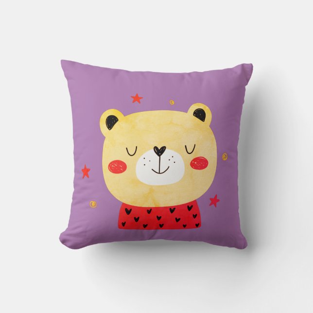 Red & Light Purple Teddy Bear Throw Pillow (Front)