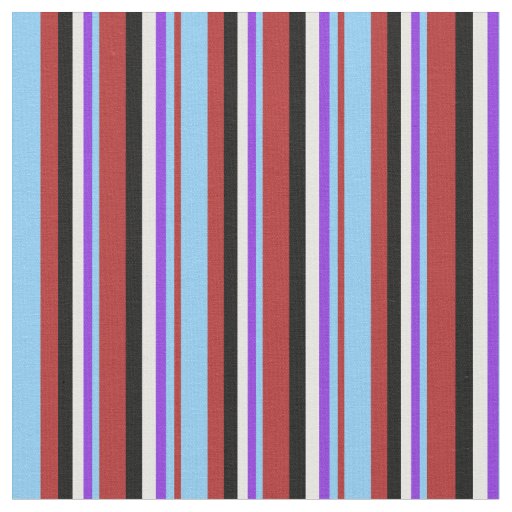 Red, Light Sky Blue, Purple, White & Black Lines Fabric