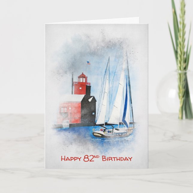 Red Lighthouse and Sailboat 82nd Birthday  Card (Front)
