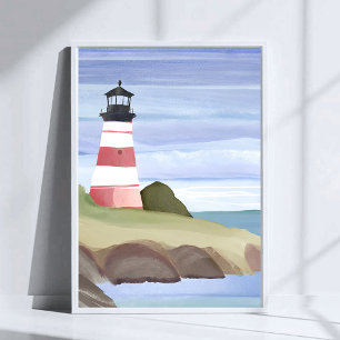 Red Lighthouse Coastal Ocean Watercolor Painting Poster