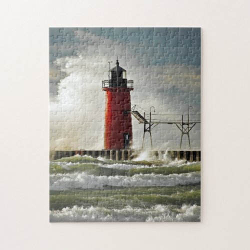 red lighthouse in wind storm jigsaw puzzle